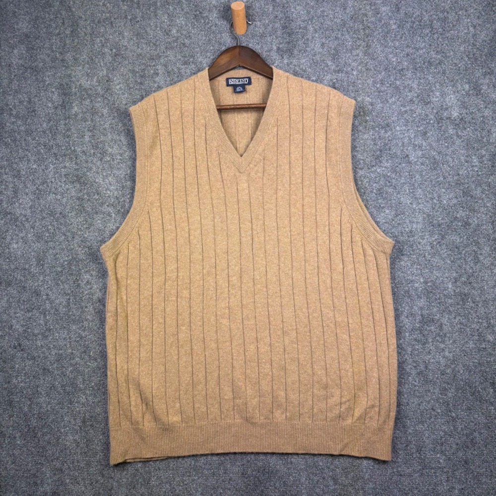 Lands End Sweater Vest Mens XXL Tan 100% Cashmere Ribbed V-Neck Pullover 0448